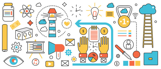 Business highlights, success goal vision. Abstract emblems of lighthouse, management and team building, brand identity and finance development in infographic concept banner, thin line art design