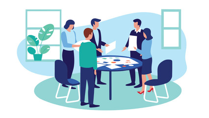 Group of people collaborating around a table with documents and a plant near a window in an office space