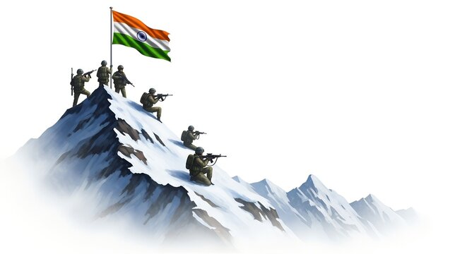 26th July – Kargil Vijay Diwas: Inspiring Cinematic Digital Art of Soldiers’ Silhouettes, Indian Flag Waving Proudly Over Snowy Peaks"