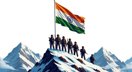 26th July – Kargil Vijay Diwas: Inspiring Cinematic Digital Art of Soldiers’ Silhouettes, Indian Flag Waving Proudly Over Snowy Peaks"