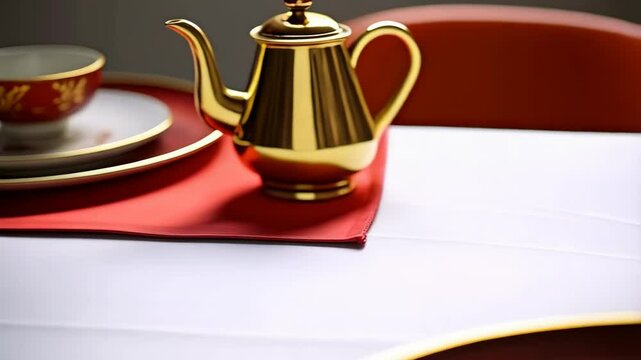 Elegant table setting with red and gold lacquerware dishes and flowering plum blossoms for a special occasion.