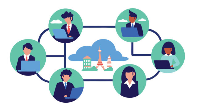 Illustration of remote workers connected to the cloud with city landmarks in the background view online