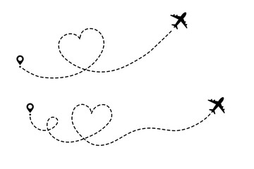 Aircraft with a line heart flight path. Silhouette of an airplane, resembling a toy jet or a craft, is depicted. A sleek and uncluttered design.