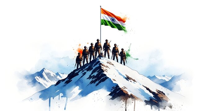 26th July – Kargil Vijay Diwas: Inspiring Cinematic Digital Art of Soldiers’ Silhouettes, Indian Flag Waving Proudly Over Snowy Peaks" - Powered by Adobe