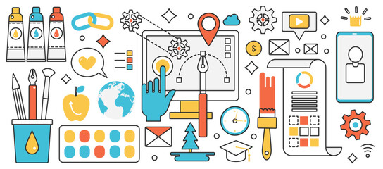 Web products and website digital content creation. Abstract authors creative tools, software and editor for online freelance work of designer in infographic concept banner, thin line art design