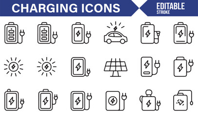 Collection of Power Charging Icons Including Electric Car, Solar Panel, and Battery Charging for Green Energy