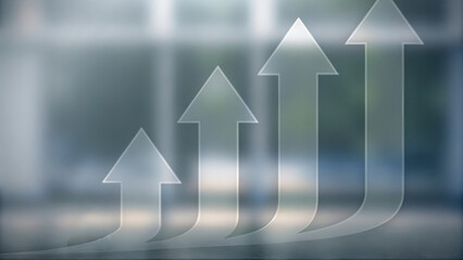 A businessman walks towards large, upward arrows symbolizing growth, progress, and success in a modern, blurred environment.