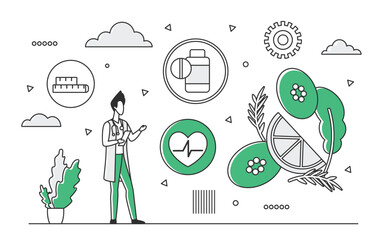 Healthy food consumption and balanced diet. Herb and nutritional supplements medicine vector monocolor illustration