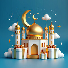 Golden mosque with crescent moon and gift boxes on blue background