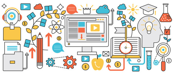 E-learning online education technology. Knowledge from open library books, internet training course and school, teaching guide and tutorials in infographic concept banner, thin line art design