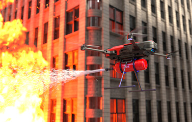 Firefighting drone extinguishing a building fire, Rescue drone. 3D illustration