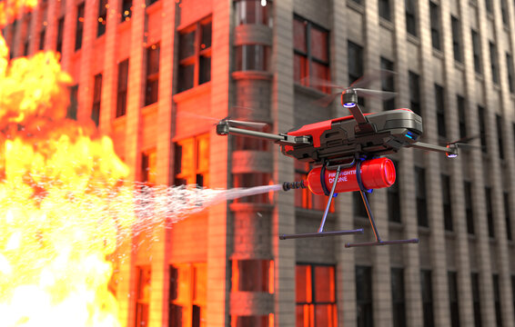 Firefighting drone extinguishing a building fire, Rescue drone. 3D illustration