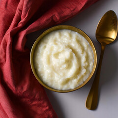 Creamy rice pudding served in a brass bowl with a golden spoon and red napkin