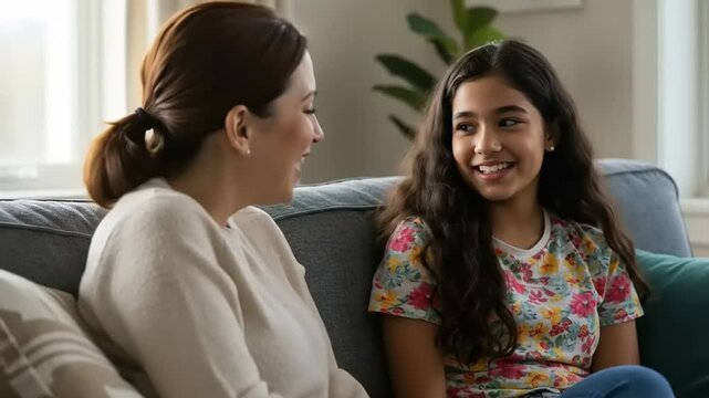 Two smiling women enjoying a heartfelt conversation on a cozy sofa in a bright living room