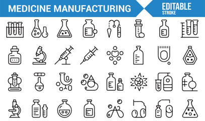 Icons for Pharmaceutical Production Including Lab Equipment, Syringes, Bottles, and Vials