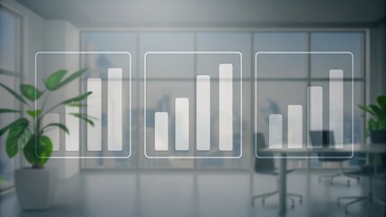 Modern office with transparent bar graph icons overlaying a bright workspace with large windows and plants.