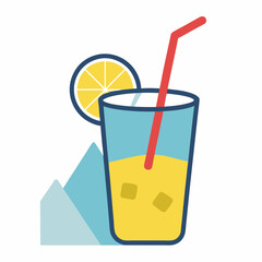 Sketch glass of lemonade on the rocks with a straw drink icon on white background.