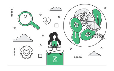 Healthy food nutrition for body wellbeing. Fulfilling balanced diet and active lifestyle vector monocolor illustration