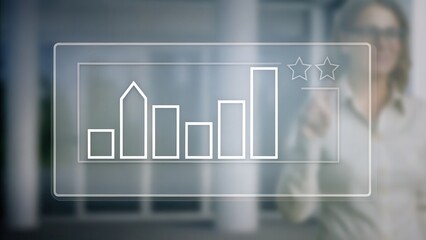 Transparent digital interface showing a bar chart with two stars, businesswoman in background, modern office setting.