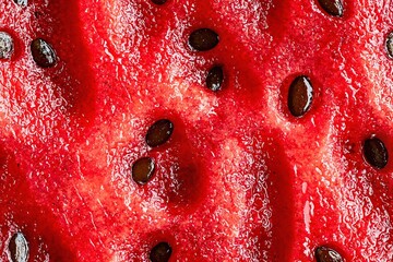 Macro photography of juicy watermelon flesh with large black seeds.