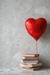 A stack of books with a red heart-shaped balloon tied to it. The background is a gray textured wall.
