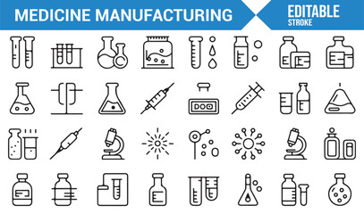 Naklejka premium Set of Laboratory and Medicine Manufacturing Icons for Pharmaceutical and Healthcare Applications