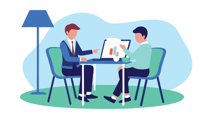 Fototapeta premium Two business professionals discussing charts on a laptop during a meeting at a table with a lamp nearby