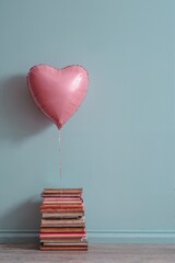 A pink heart-shaped balloon is tied to a stack of books. The background is a plain blue wall and a wooden floor.