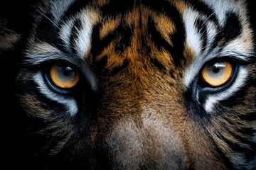 Closeup of a tigers face focusing on its intense golden eyes and patterned fur