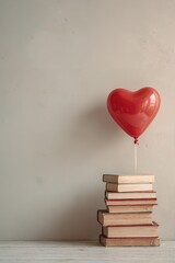 A stack of books with a red heart-shaped balloon tied to it. The background is a beige   wall.