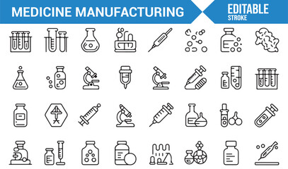 Pharmaceutical Manufacturing Icons Including Lab Vials, Syringes, and Medicine Bottles for Healthcare Design