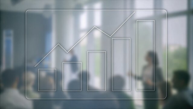 A business presentation showing a rising bar graph overlay with an audience in a conference room.