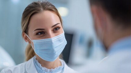 Dental Covid. Dentist in Lab Coat Examining Patient's Teeth with Face Mask On
