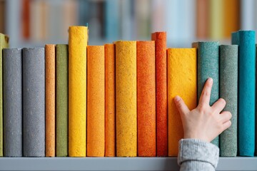 A child's hand reaches for books on a shelf in a library