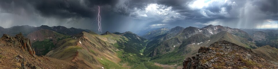 Fototapeta premium Denver Mountains. Panorama of Colorado 14er Snowmass Mountain in Rocky Mountains with Thunderstorm Cloud and Lightning