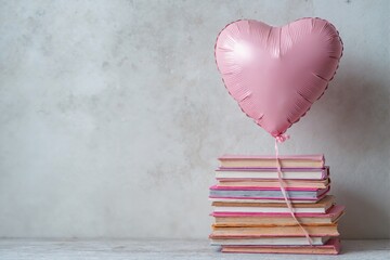 A pink heart-shaped balloon is tied to a stack of books. The background is a plain light textured wall and a wooden floor.