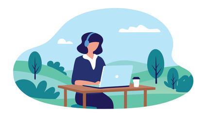 Obraz premium Illustration of a woman with headphones working on a laptop outdoors with trees and a coffee cup