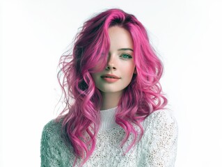 Fototapeta premium Stylish portrait of a young woman with pink curly hair. Perfect for beauty, fashion, and haircare websites.