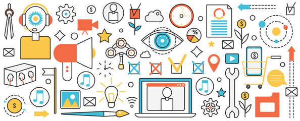 Modern digital technology for business. Abstract online sales promotion and contact support, email and social media marketing, network service in infographic concept banner, thin line art design