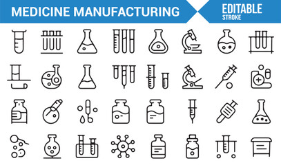 Naklejka premium Icons for Medicine Manufacturing and Lab Research Featuring Syringes, Bottles, and Medical Tools