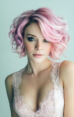 Fototapeta premium Stunning portrait of a woman with pink curly short hair, wearing delicate lace top. Perfect for beauty, fashion, and hair styling projects.