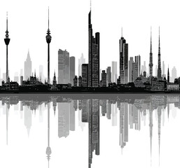 Fototapeta premium A detailed skyline art of Frankfurt, Germany, showcasing its iconic buildings and creating a graphic cityscape with water reflection.