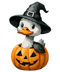 Obraz premium Halloween Duck in Pumpkin PNG – Cute Cartoon Duck Wearing Witch Hat Inside Jack-o’-Lantern – Fun Holiday Clipart for Kids, Crafts, Stickers, and Seasonal Decor