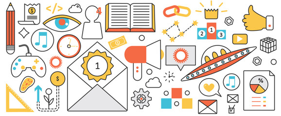 Development of new technology. Abstract space research and UFO, education and knowledge in science and innovation, megaphone advertising of products in infographic concept banner, thin line art design