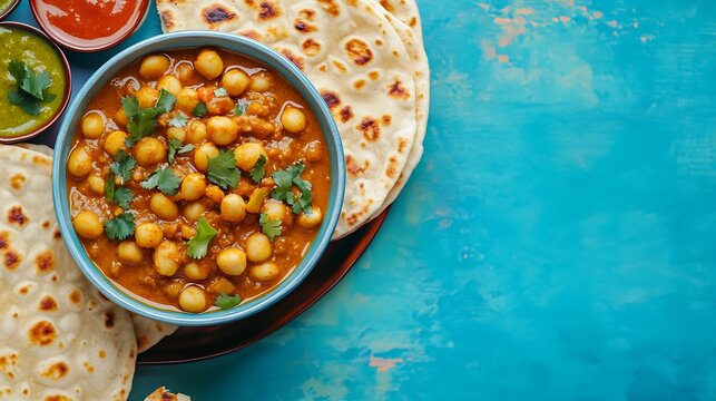 Chana masala with kulcha isolated on a colorful background