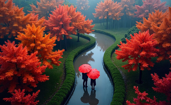 Red Umbrellas in Rainy Autumn Park