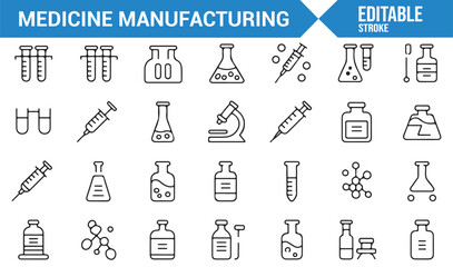 Naklejka premium Collection of Pharmaceutical Manufacturing Icons for Lab Research, Medicine, and Healthcare Design