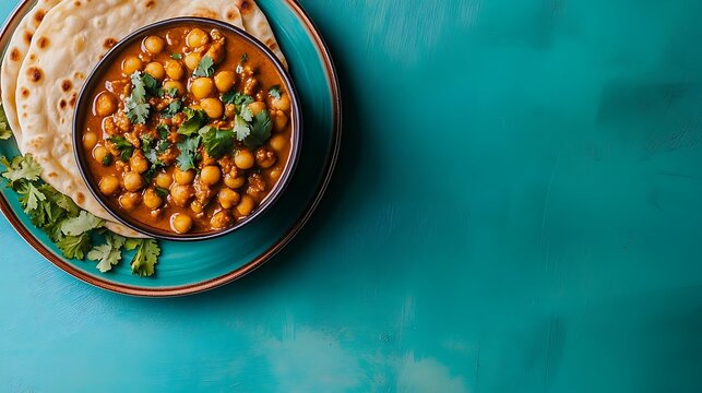 Chana masala with kulcha isolated on a colorful background