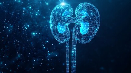 Futuristic digital illustration of human urinary system with glowing polygonal kidneys and bladder on dark background