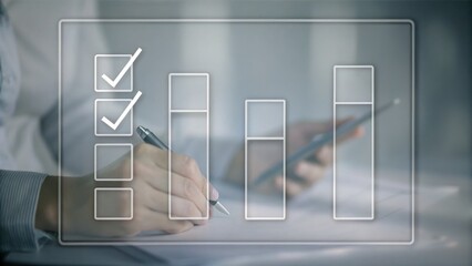 A person holding a pen and smartphone with digital checkboxes and bar chart overlay, symbolizing task management and data analysis.